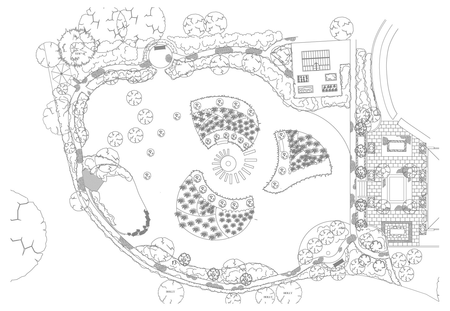 Garden of spiral grass borders designed by Peter Eustance Landscape layout plan