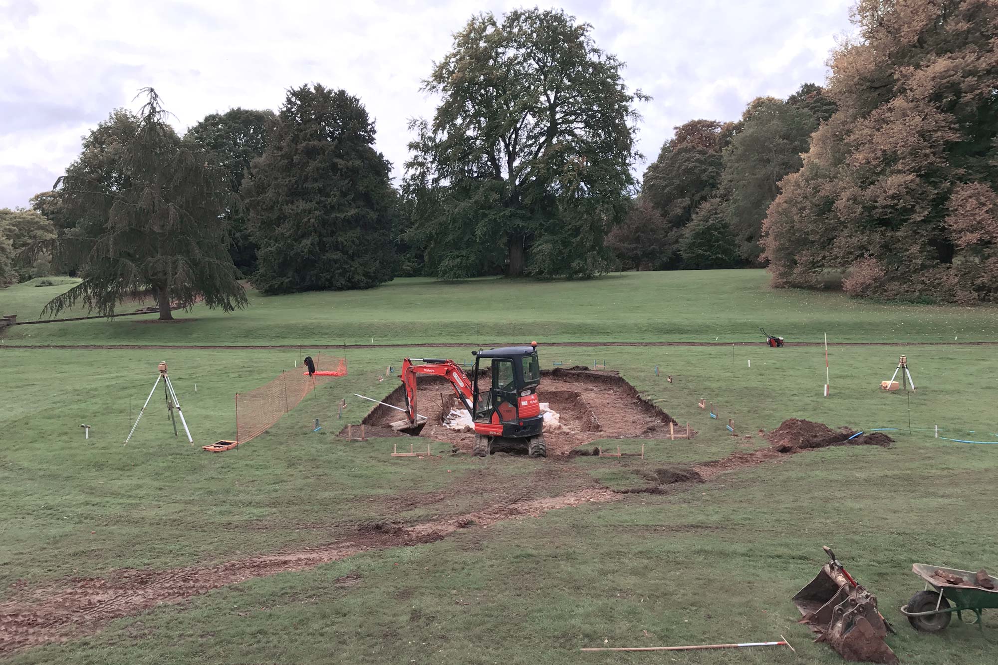 Exton Hall view from house showing new formal pond excavations Landscape designed by Peter Eustance