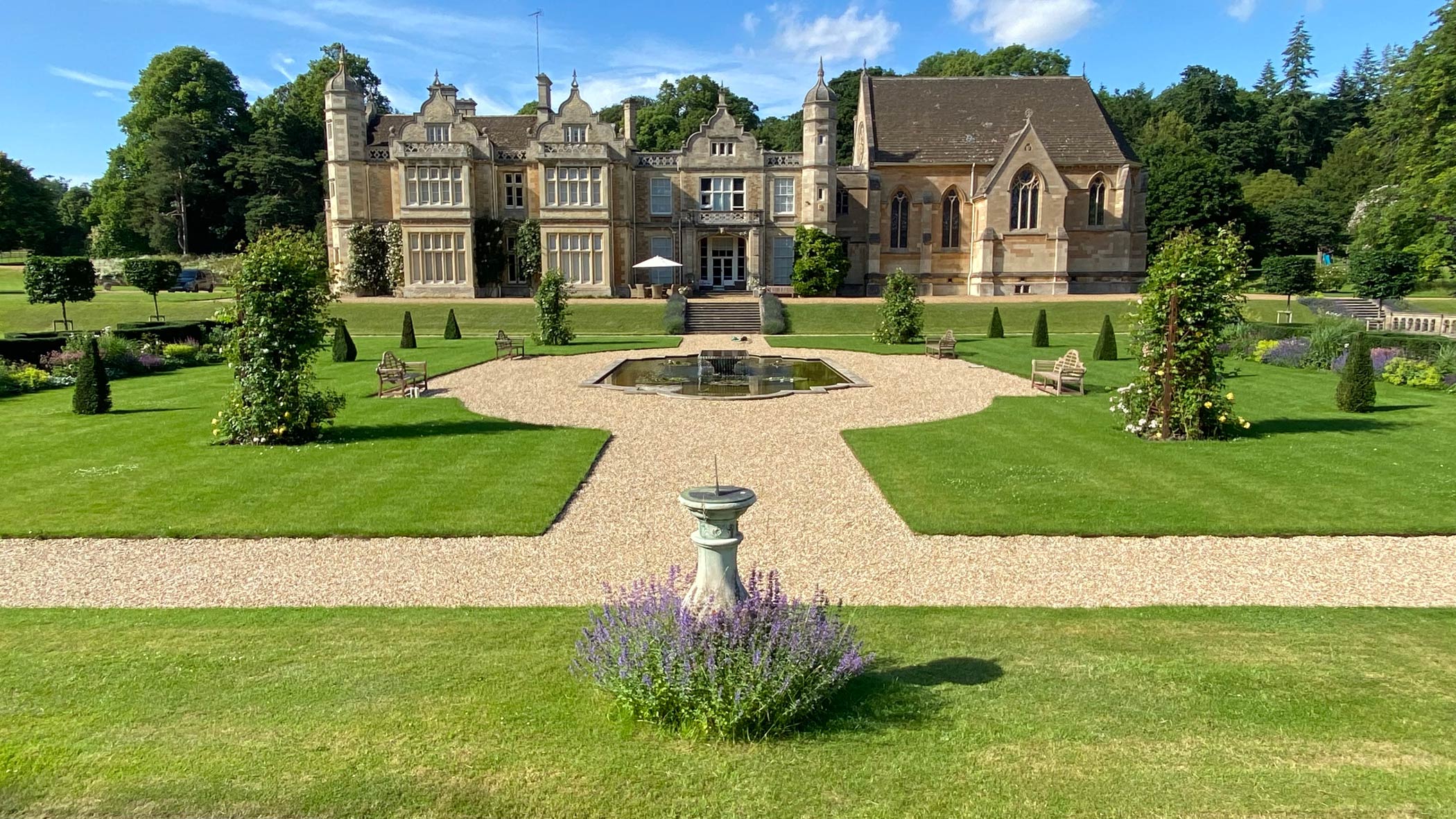 Exton Hall view of hall across newly completed formal garden designed by Peter Eustance