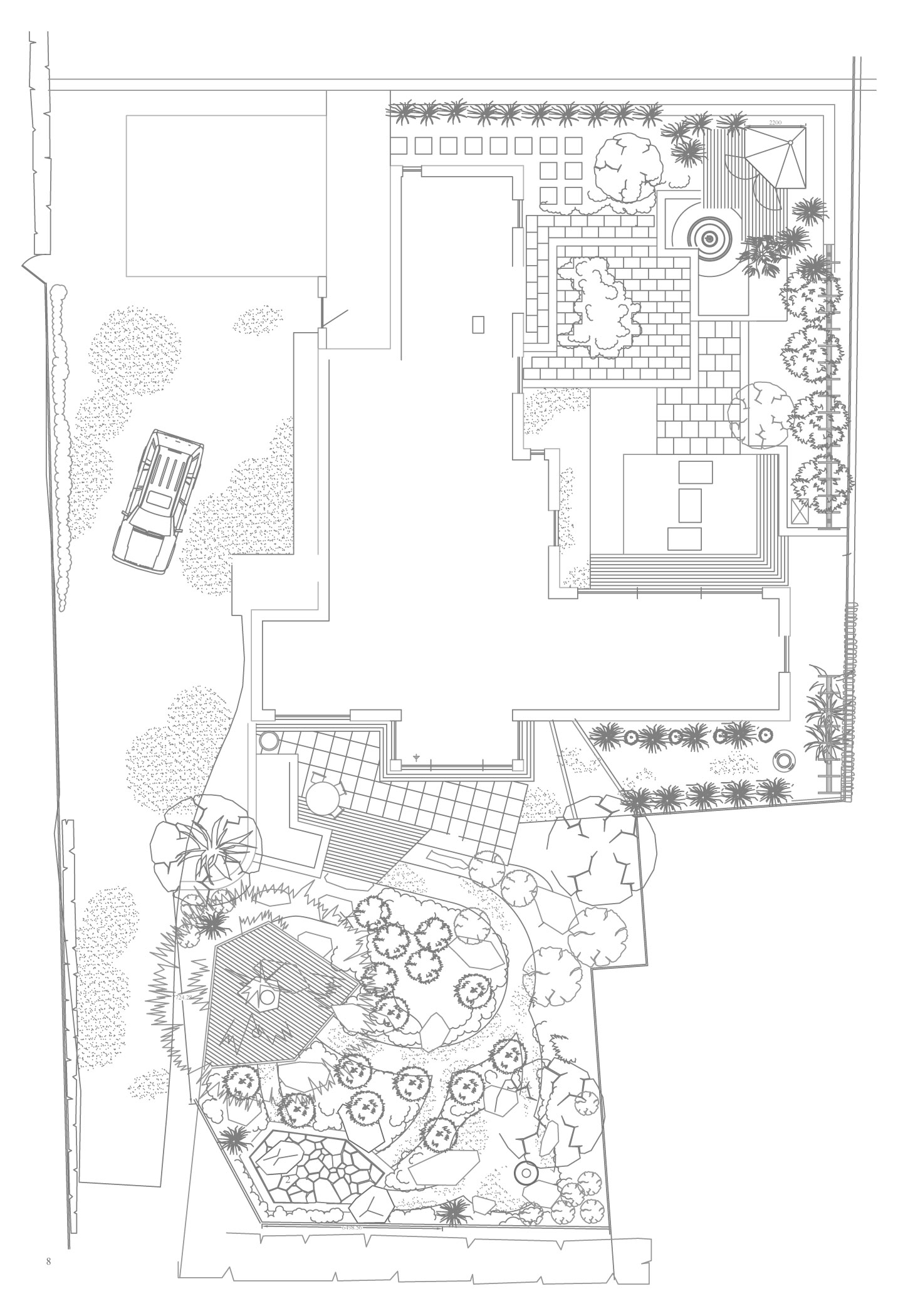 Landscape layout plan for contemporary Cambridgeshire garden designed by Peter Eustance