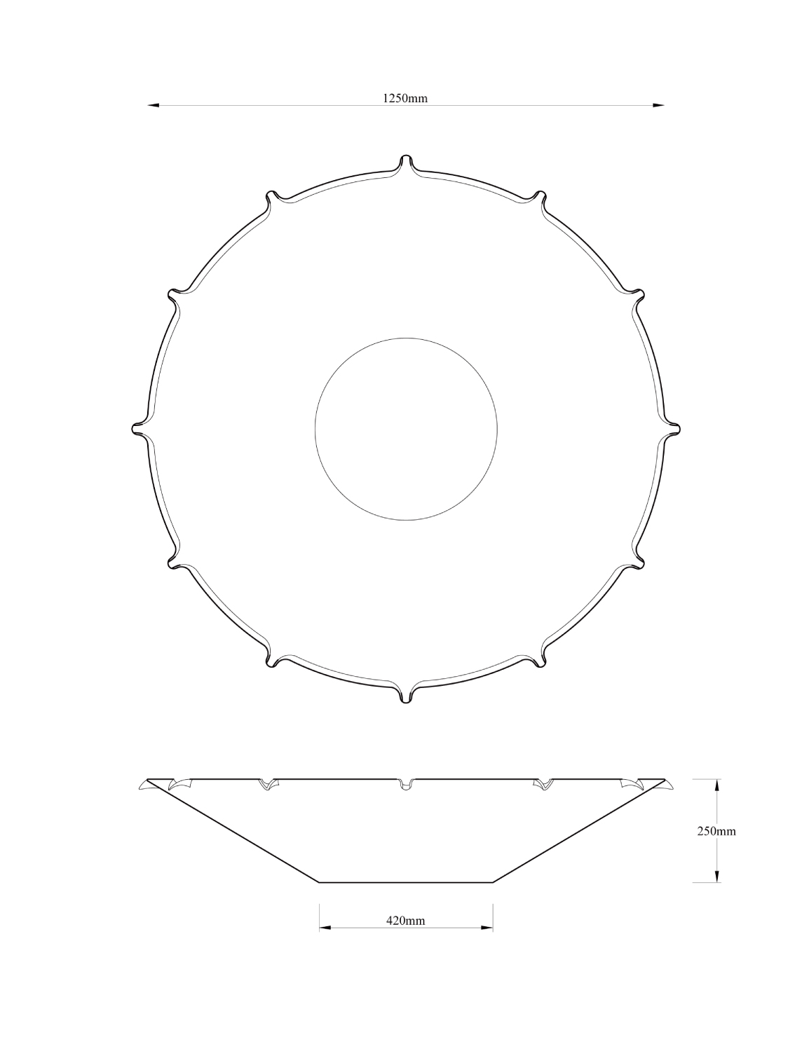 Drawing dimensions of Trasimeno water feature Peter Eustance Symphonic Gardens